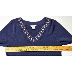 Nygard Collection Womens Navy Beaded Embellished V-Neck Sweater Top Size OX